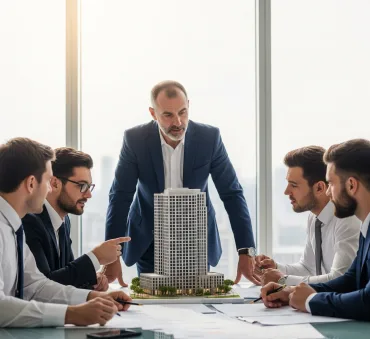 مدير عقارات في اجتماع مع فريقه يخططون لإدارة مشروع جديد