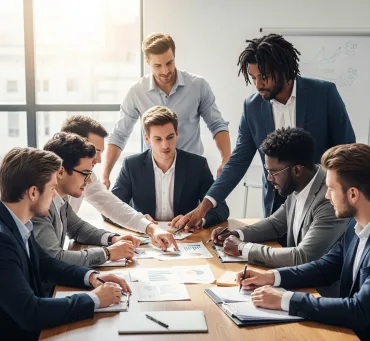 فريق عمل متنوع يتعاون حول طاولة مليئة بالأوراق والرسوم البيانية، مما يرمز إلى إدارة أصحاب المصلحة في المشروع.