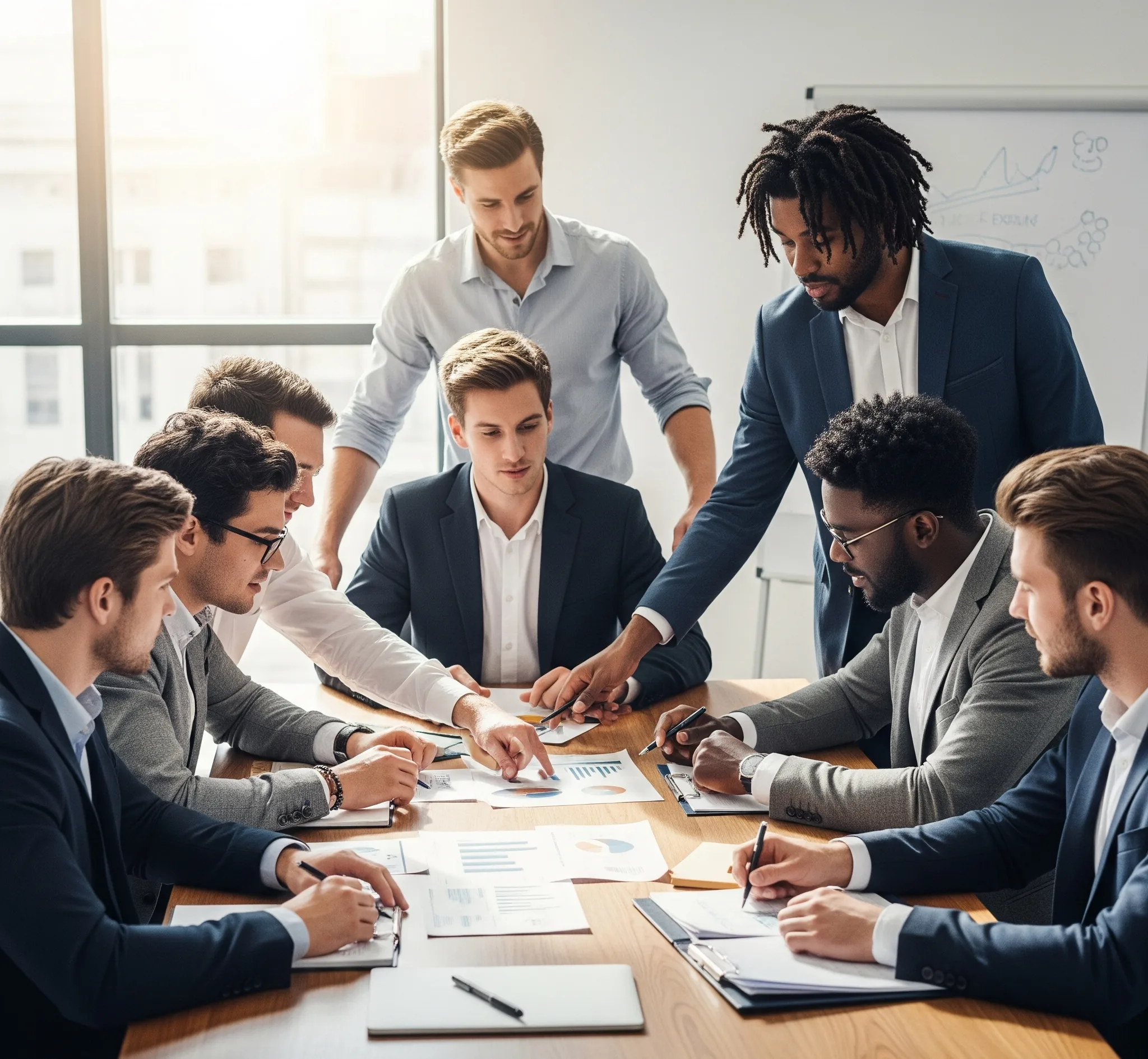 أصحاب المصلحة في المشروع تحديدهم وإدارتهم بفعالية 1 فريق عمل متنوع يتعاون حول طاولة مليئة بالأوراق والرسوم البيانية، مما يرمز إلى إدارة أصحاب المصلحة في المشروع.