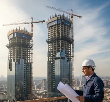 مستثمر يدرس مخططات مشروع استثماري كبير مما يعكس أهمية التمويل الآمن