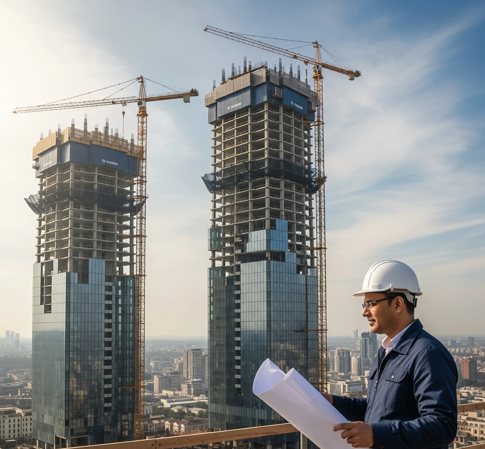 مستثمر يدرس مخططات مشروع استثماري كبير مما يعكس أهمية التمويل الآمن