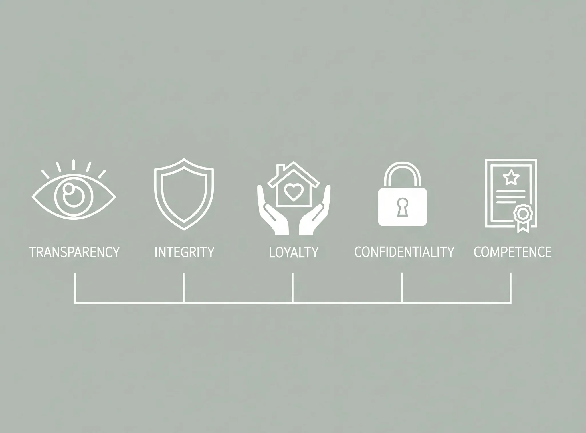 الشفافية: أيقونة عين أو مستند مفتوح. النزاهة: أيقونة درع أو ميزان عدل. الولاء: أيقونة قلب أو يدين تحيطان بمنزل صغير. السرية: أيقونة قفل أو مفتاح. الكفاءة: أيقونة شهادة أو رسم بياني للنمو.