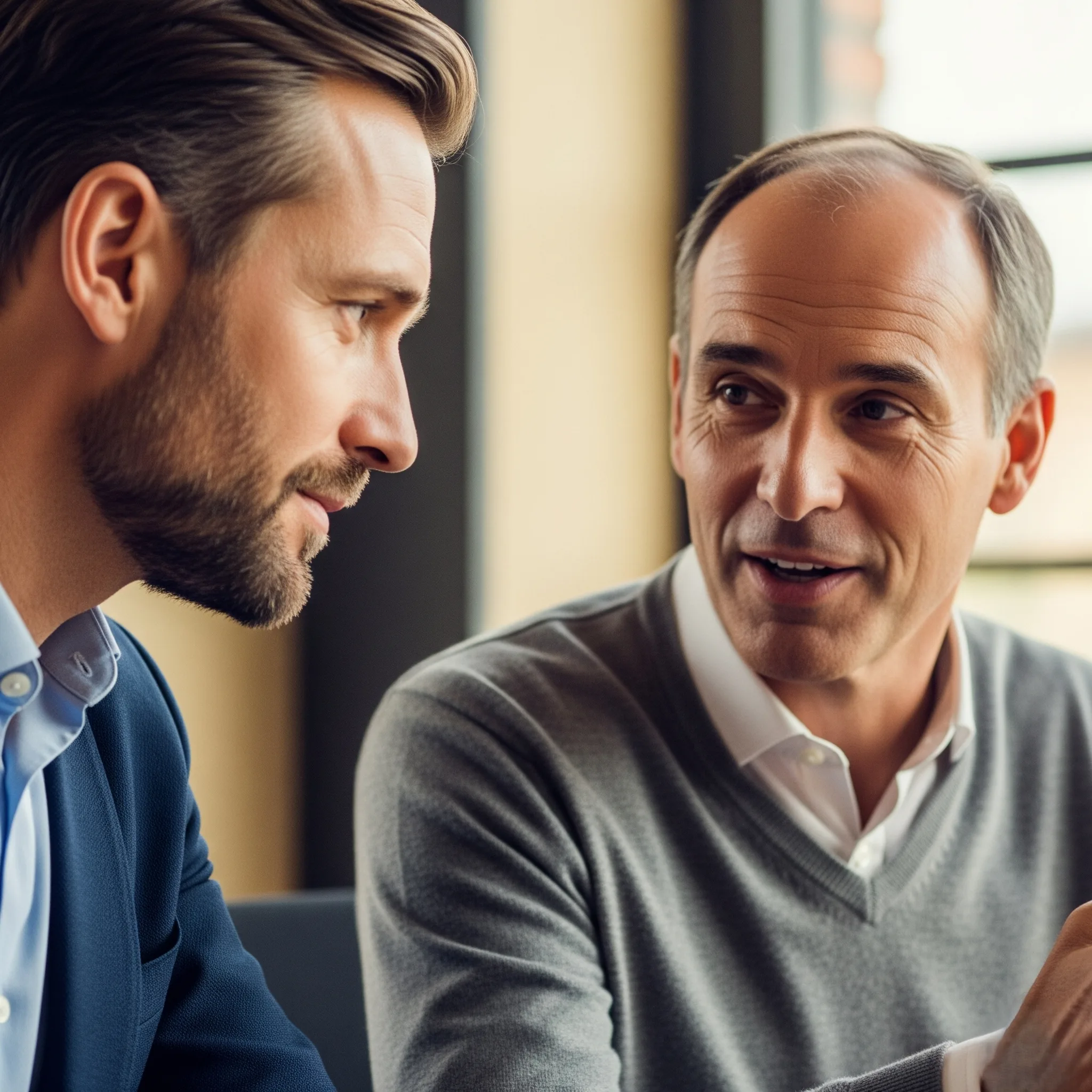 اجتماع صغير حيث يستمع شخص بانتباه واهتمام لشخص آخر يتحدث. التركيز على "الاستماع النشط" وتعابير الوجه المتعاطفة.