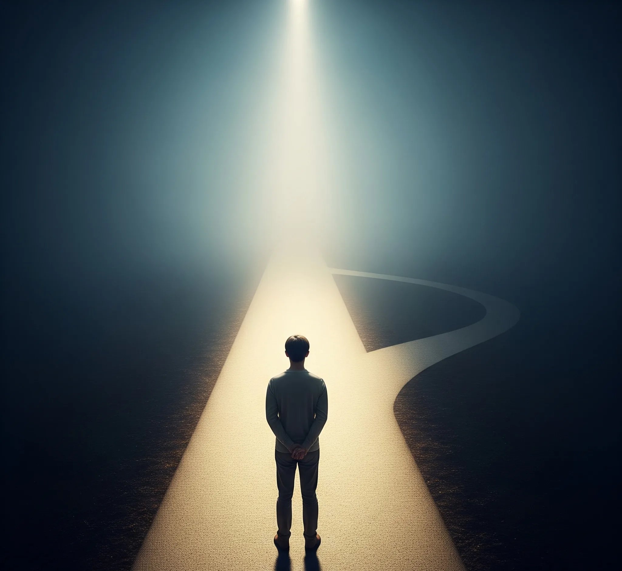 أحد الطرق واضح ومستقيم (يرمز للقرار الأخلاقي)، والآخر متعرج وغير واضح (يرمز للإغراء أو الحل السهل غير الأخلاقي).