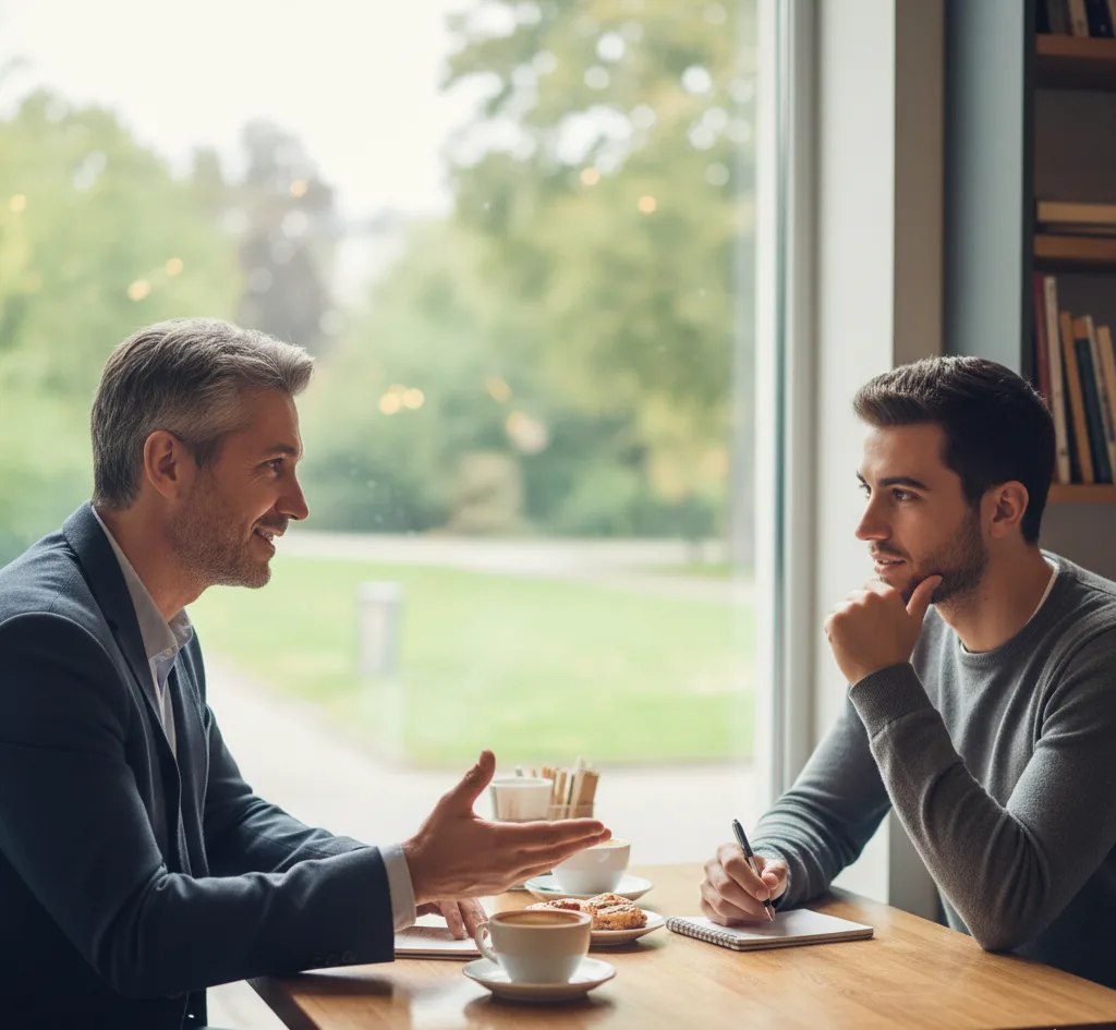 أسس بناء الثقة كقائد فعال 5 قائد يجلس مع أحد أعضاء فريقه في جلسة توجيه فردية (one-on-one) في مكان هادئ.