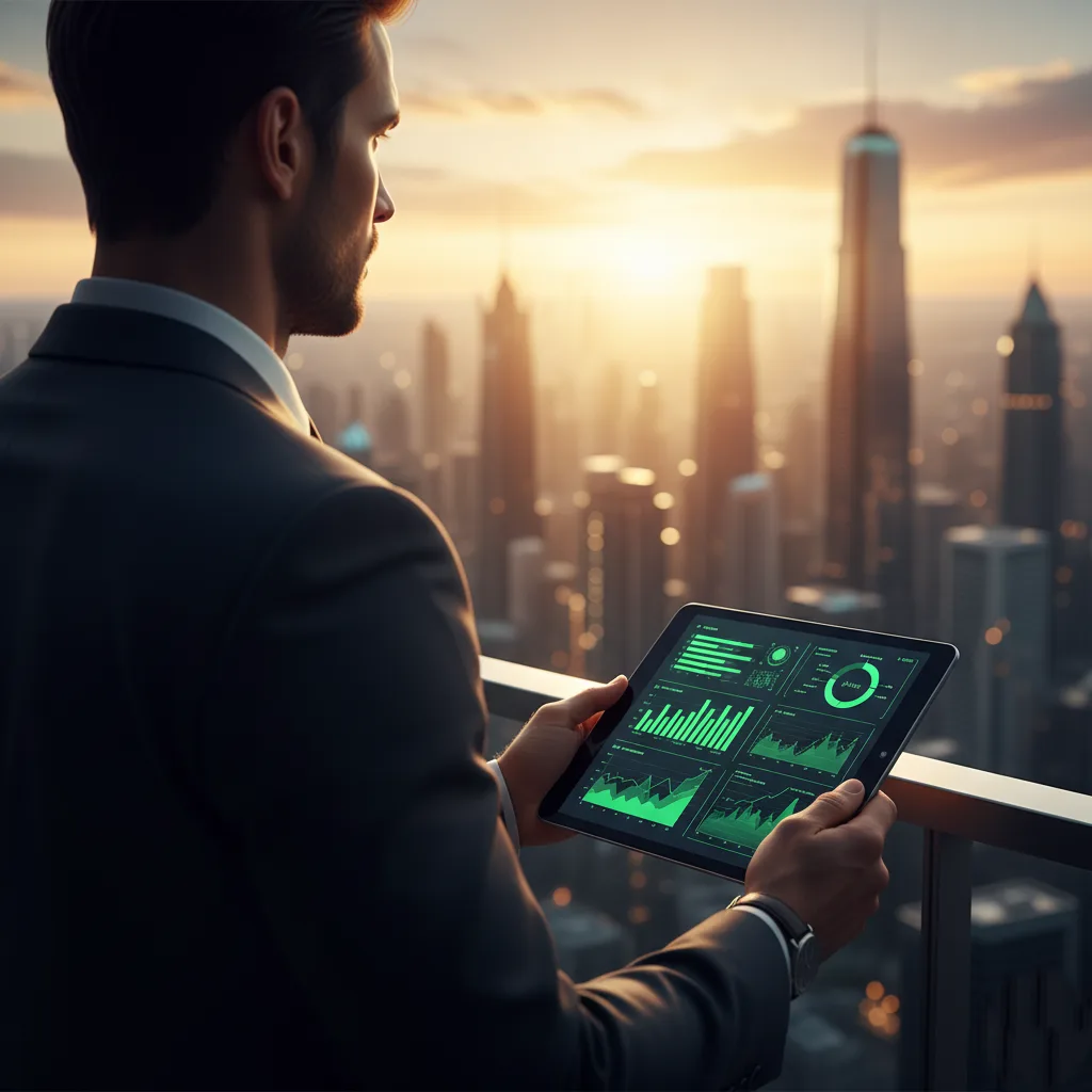 قياس العائد على الاستثمار (ROI) في المشاريع العقارية 5 ربط المعرفة المكتسبة من المقال (الممثلة في لوحة البيانات على الجهاز اللوحي) بالنتيجة النهائية المرجوة: النجاح والثقة والتمكن من إدارة الاستثمارات بنجاح (الممثلة في الوقفة الواثقة والمنظر الجميل).