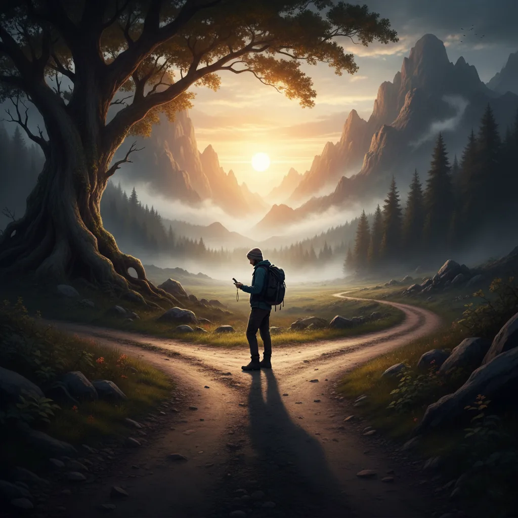 بناء هوية قوية كيف تعرف من أنت وماذا تريد 1 شخص يقف عند مفترق طرق يفكر في رحلة بناء هوية قوية.