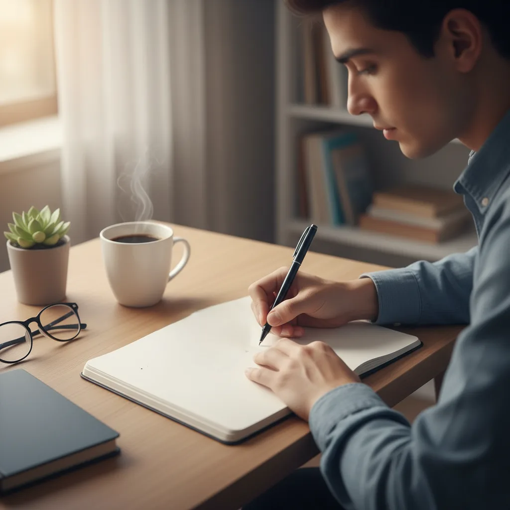 شخص يكتب أهدافه في دفتر أنيق على مكتب منظم، مع قلم وقهوة، يرمز إلى بداية رحلة التخطيط الشخصي