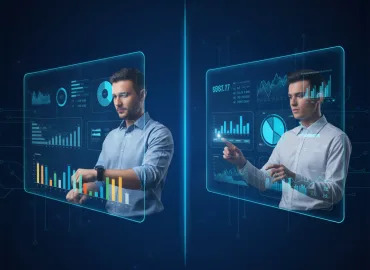 مديرًا ينظر إلى مخطط جانت (يرمز لمدير المشروع)، وعلى الجانب الآخر مديرًا يراقب لوحة معلومات أداء (يرمز لمدير العمليات).