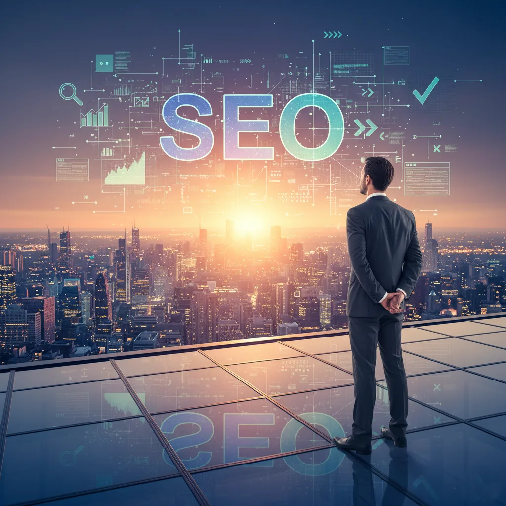 رائد أعمال ينظر إلى أفق رقمي مشرق، يرمز إلى مستقبل العمل الذي تم بناؤه على أساس SEO قوي.