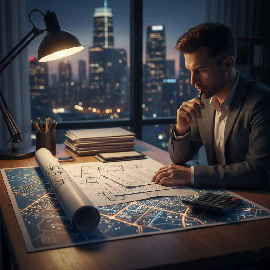 صورة لشخص يدرس خططًا ومستندات على مكتب مع آلة حاسبة وخريطة مدينة، ترمز إلى التخطيط والبحث.