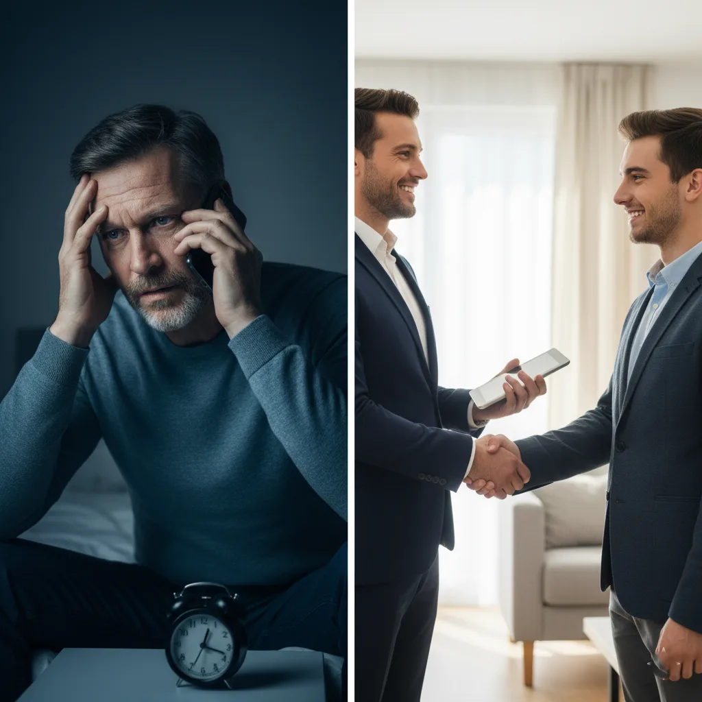 النصف الأول يظهر مالكًا متوترًا يتلقى مكالمة هاتفية في وقت متأخر من الليل، والنصف الثاني يظهر مدير عقارات محترف يصافح مستأجرًا سعيدًا. 