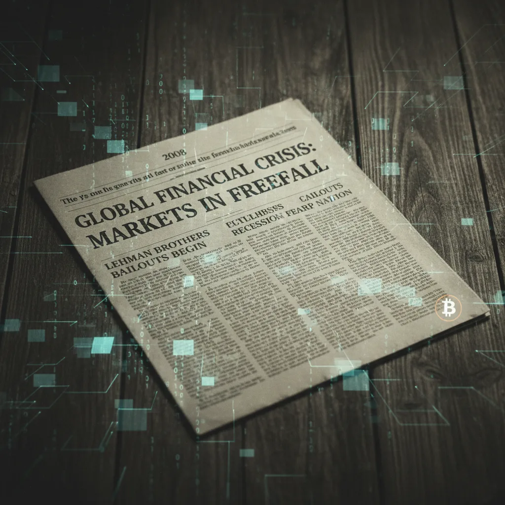 صورة لصحيفة من عام 2008 بعناوين عن الأزمة المالية، مع تراكب رقمي لكود كتلة التكوين.