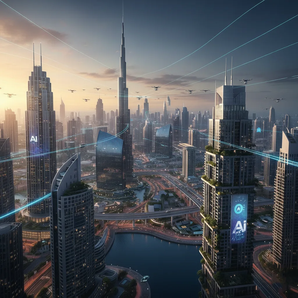 صورة مستقبلية عالية الجودة لمشروع “نيوم” أو “ذا لاين” في السعودية، أو صورة لأفق دبي مع طائرات بدون طيار وابتكارات تكنولوجية.