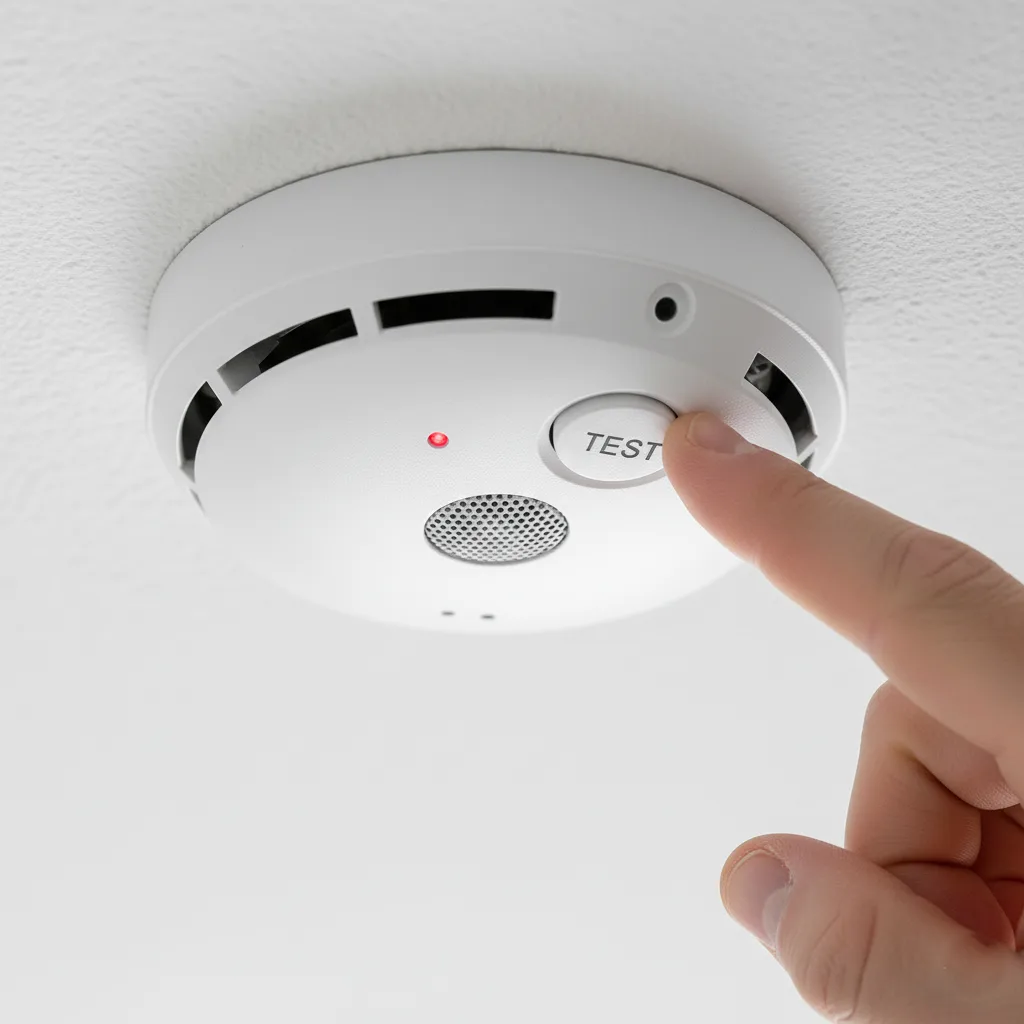 يد تضغط على زر الاختبار في كاشف الدخان.