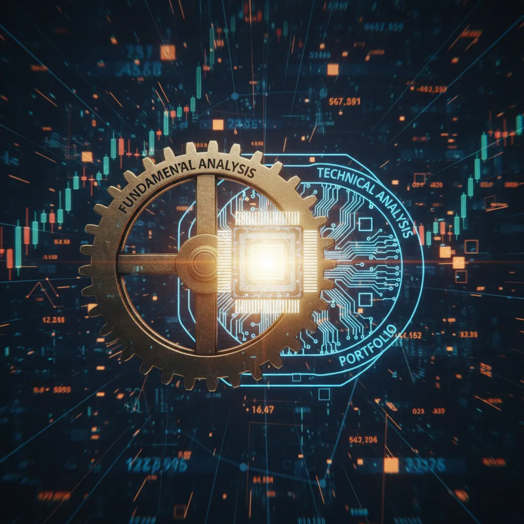 صورة رمزية، ترس كبير (يمثل التحليل الأساسي) يتشابك بسلاسة مع دائرة إلكترونية معقدة (تمثل التحليل الفني). كلاهما يعملان معًا لتشغيل محرك متوهج يمثل “المحفظة الاستثمارية”. الخلفية عبارة عن مزيج من البيانات المالية المتدفقة والأنماط البيانية.