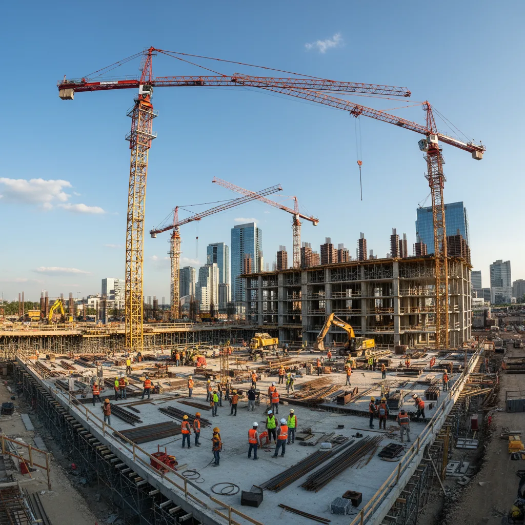 لقطة واسعة لموقع بناء نشط يظهر فيه عمال ورافعات، لتمثيل نمو قطاع التشييد.