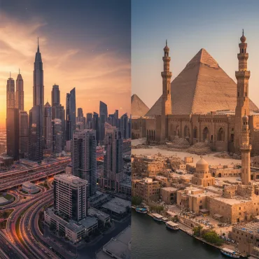 صورة مجمعة (كولاج) تظهر معالم بارزة من دبي والقاهرة، لتمثيل دراسات الحالة.