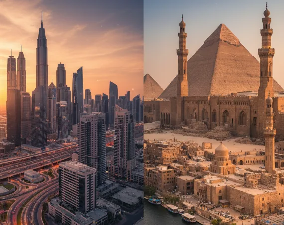 صورة مجمعة (كولاج) تظهر معالم بارزة من دبي والقاهرة، لتمثيل دراسات الحالة.