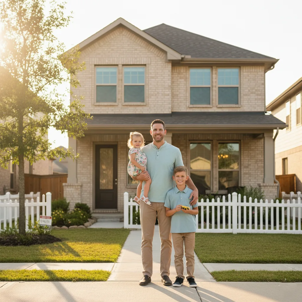 عائلة سعيدة تقف أمام منزلها، مما يعكس الأمان والاستقرار.