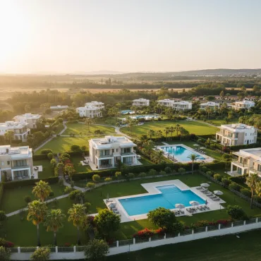 صورة لمجمع سكني (كمبوند) هادئ يتميز بمساحات خضراء واسعة وحمامات سباحة.