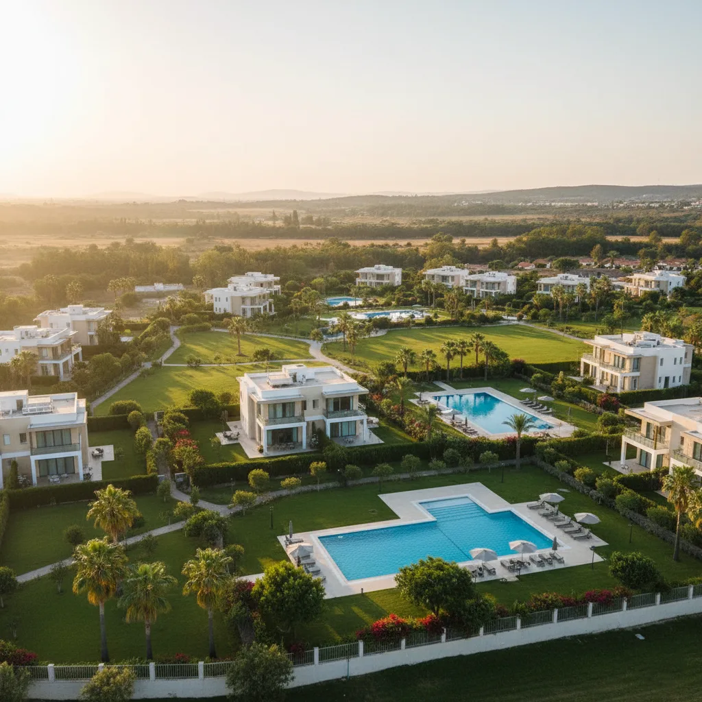 صورة لمجمع سكني (كمبوند) هادئ يتميز بمساحات خضراء واسعة وحمامات سباحة.