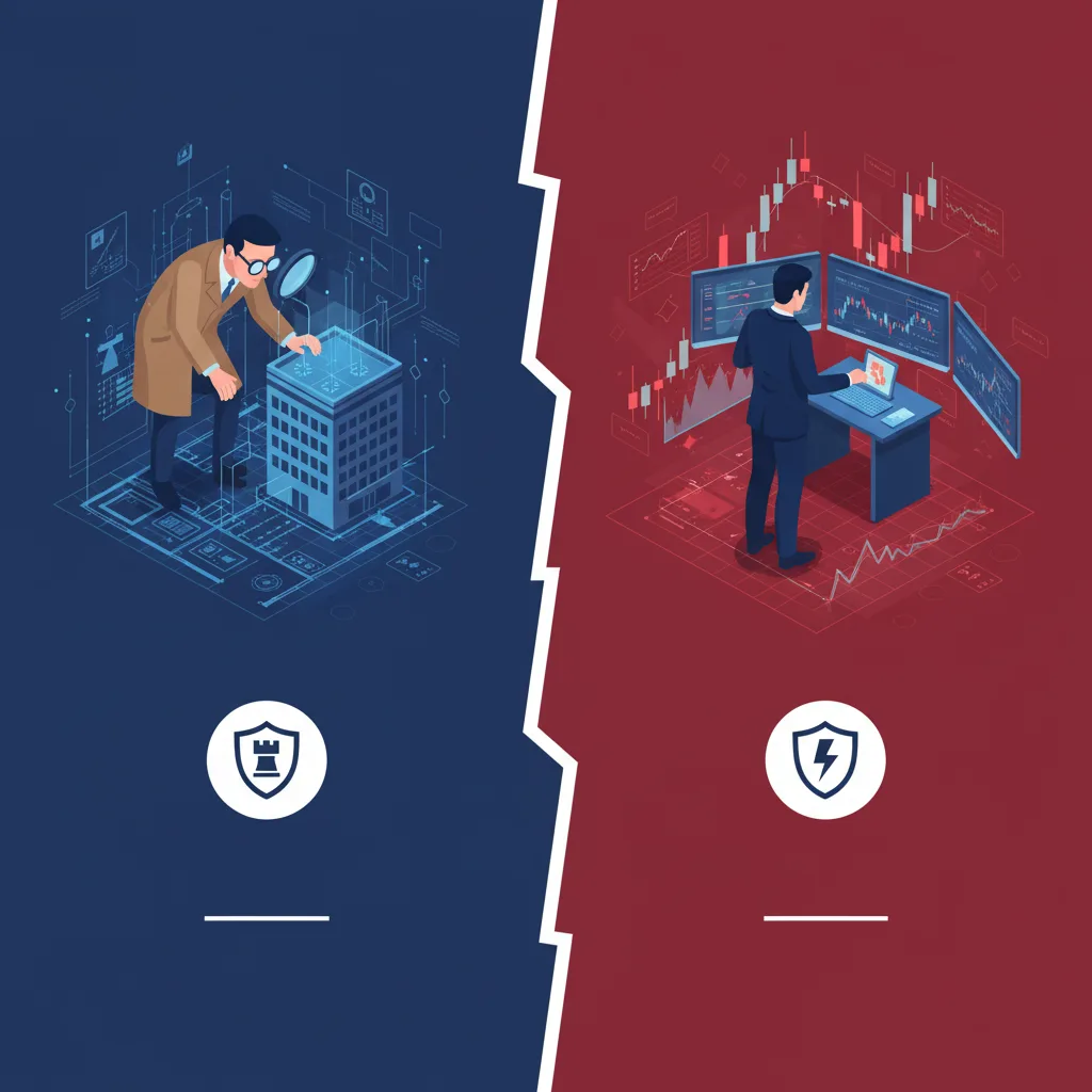 التحليل الأساسي للعملات الرقمية: 5 خطوات لتقييم أي مشروع 2 صورة مفاهيمية مقسومة إلى نصفين. النصف الأيسر يصور محققًا يرتدي نظارات مكبرة ويفحص بعناية المخططات المعمارية لمبنى (يرمز للتحليل الأساسي والقيمة الجوهرية). النصف الأيمن يصور متداولًا يراقب بسرعة مخططات أسعار متقلبة على شاشات متعددة (يرمز للتحليل الفني والتحركات قصيرة الأجل). النمط: نظيف، حديث، رسومي، مع استخدام أيقونات واضحة.