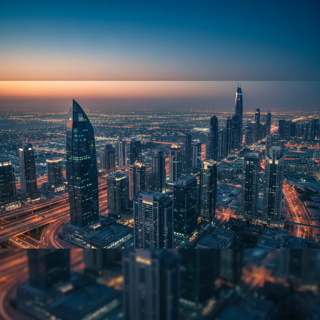 كيف تعد دراسة جدوى اقتصادية لمشروعك العقاري الأول؟ 3 مدينة خليجية (مثل دبي أو الرياض) مع نقاط مضيئة، ترمز إلى التوسع الحضري والطلب.