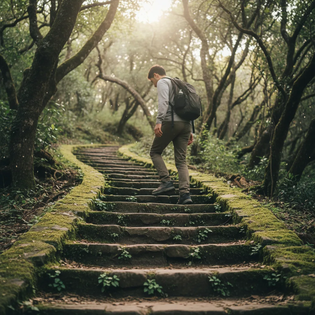 شخص يخطو خطوات صغيرة على درج حجري، ترمز إلى قوة الخطوات الصغيرة.
