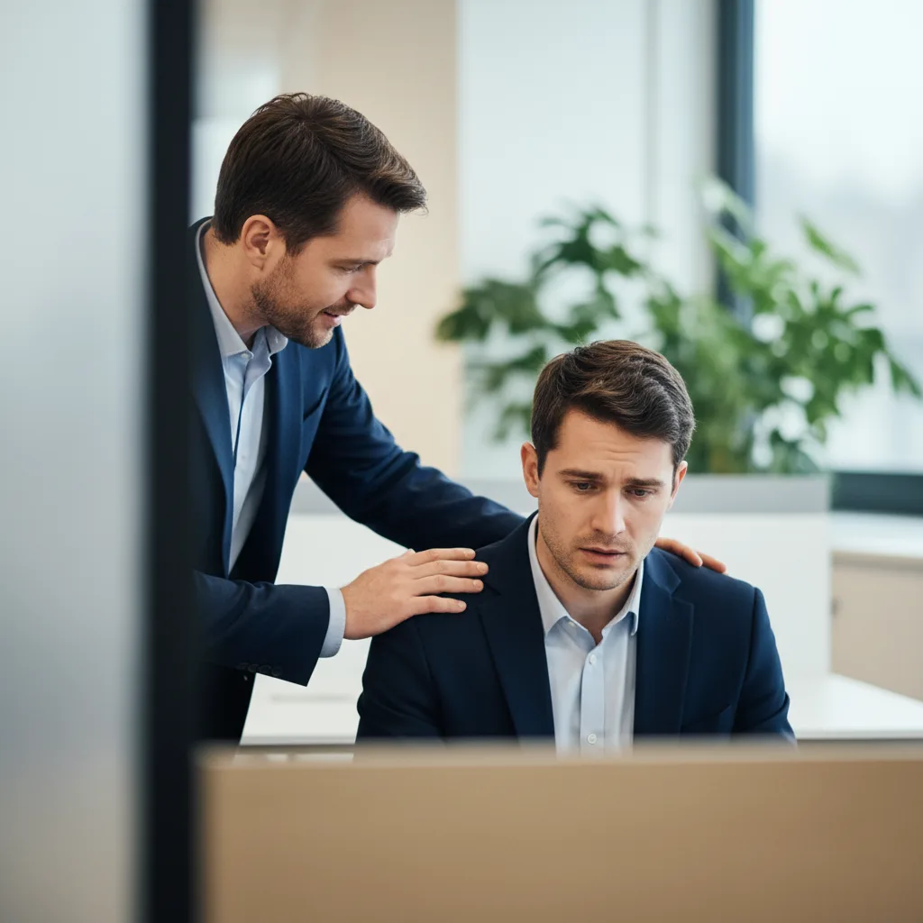 مدير يضع يده على كتف موظف يبدو عليه القلق، يتحدث معه بنبرة هادئة ومتعاطفة في مساحة مفتوحة ولكنها خاصة، مما يبرز أهمية الدعم الإنساني والتعاطف في القيادة الحديثة.