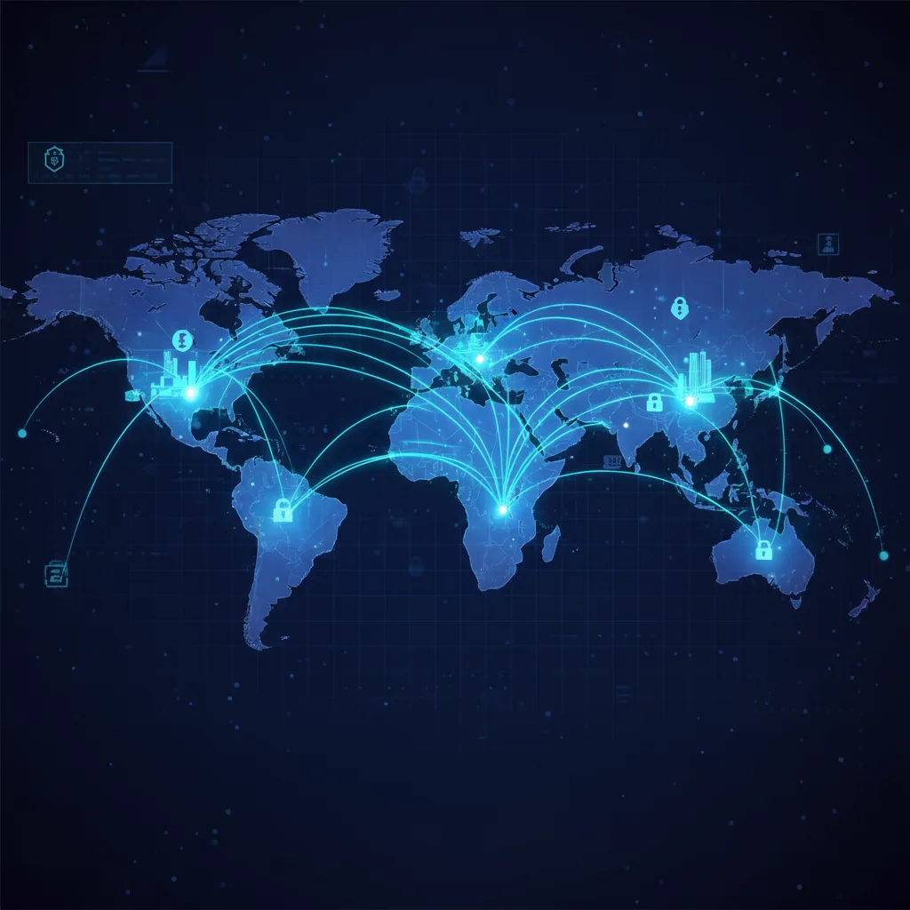 صورة لخريطة العالم مع شبكات متصلة ترمز إلى تدفقات رأس المال في سوق السندات العالمي. 