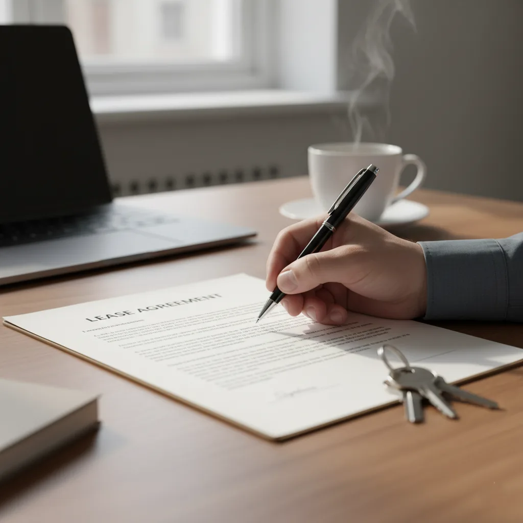 دليلك الكامل لفحص واختيار المستأجر المثالي 2 شخص يوقع على عقد إيجار مع وجود مفاتيح بجانب العقد.