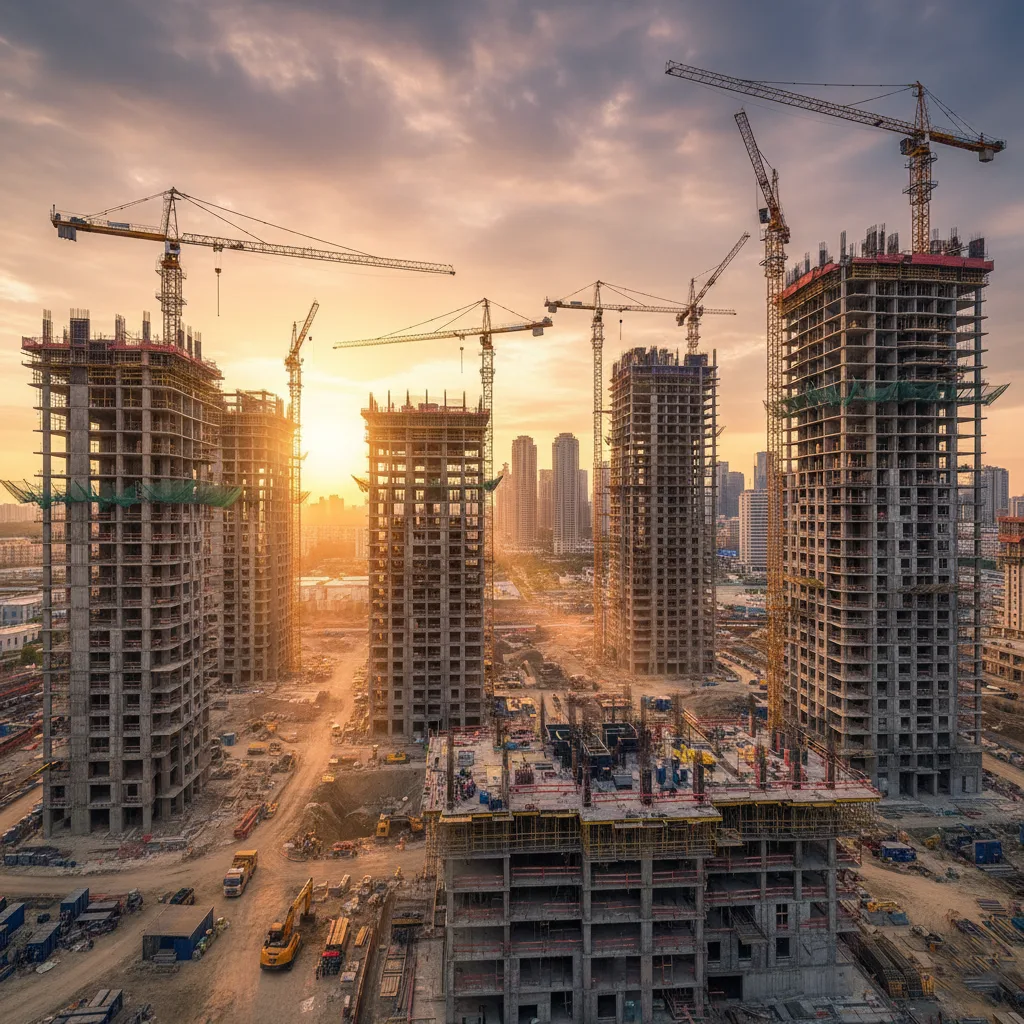 موقع بناء كبير مع رافعات، تظهر عملية تطوير عقاري واسعة النطاق.