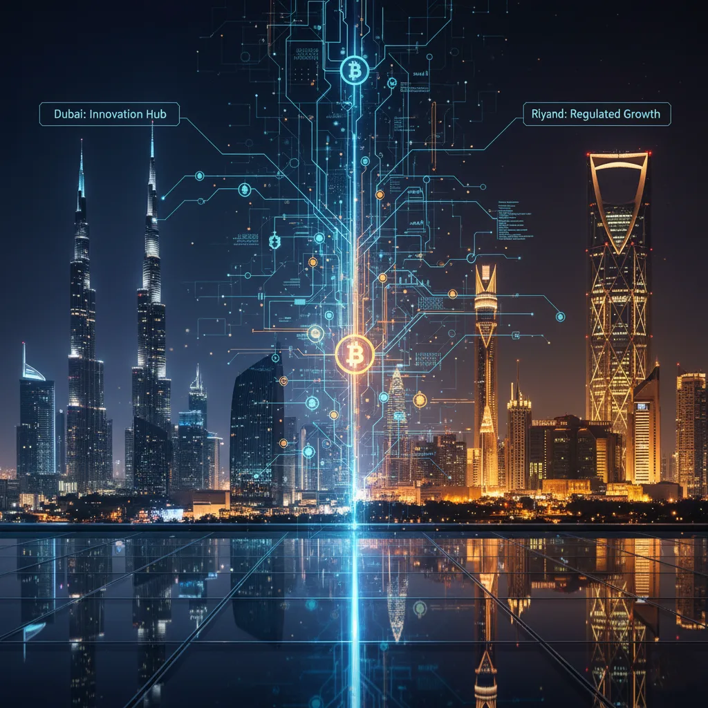 صورة مركبة تظهر الأفق الحديث لدبي على جانب والرياض على الجانب الآخر، مع خطوط شبكة رقمية تربطهما، ترمز إلى النهجين المختلفين للعملات المشفرة في الخليج.