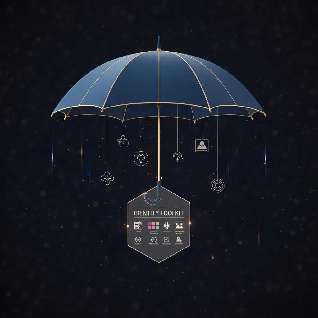 ما هي العلامة التجارية (Brand)؟ إنها أكثر من مجرد شعار 2 تصميم جرافيكي يصور العلامة التجارية كمظلة كبيرة تندرج تحتها الهوية كمجموعة أدوات والشعار كأداة واحدة منها.