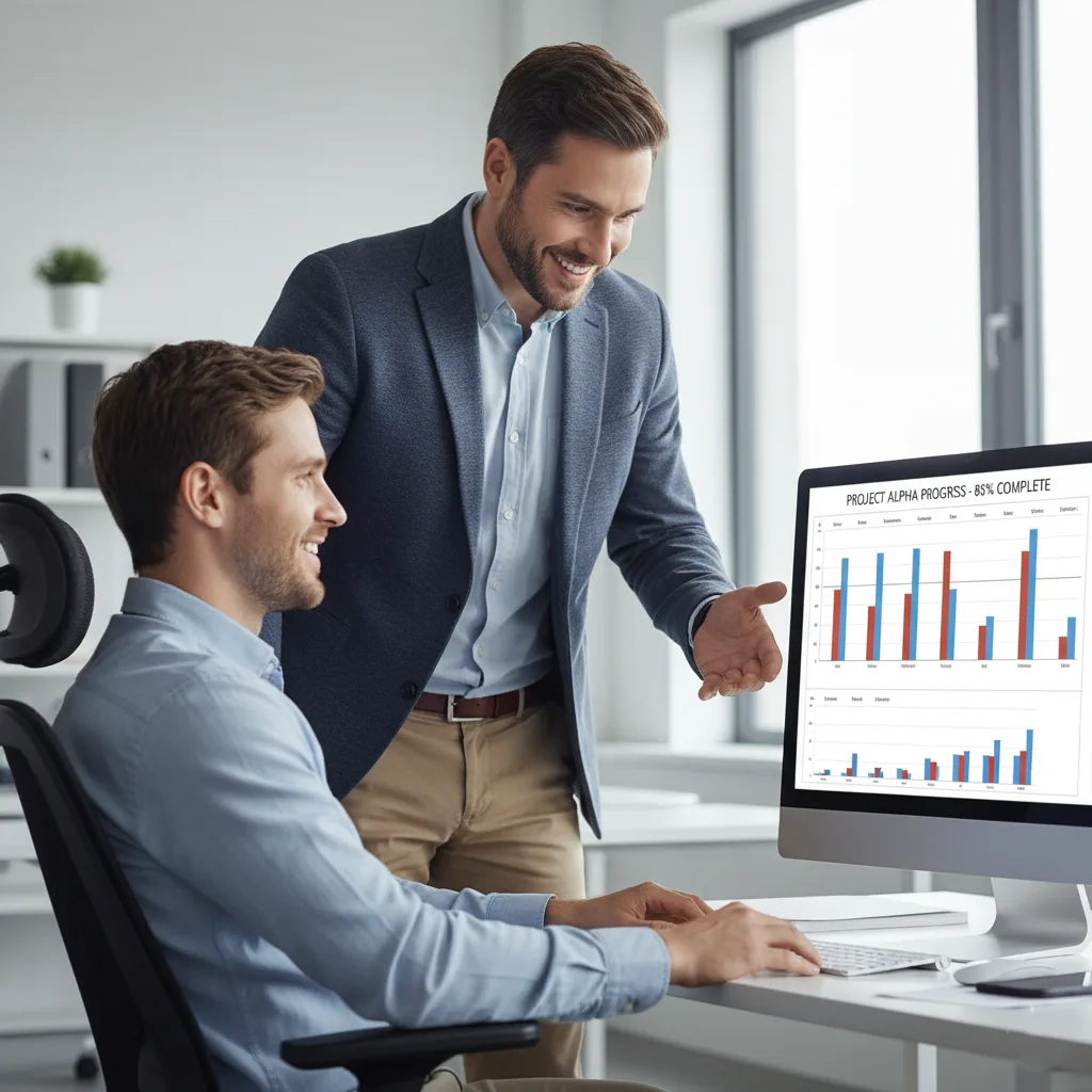  مدير يقف بجانب موظف جالس، يشير بيده بشكل مشجع نحو شاشة تعرض تقدم مشروع، مانحًا إياه الثقة والاستقلالية، والموظف ينظر إلى الشاشة بابتسامة واثقة، في لقطة ترمز إلى التمكين والتفويض الفعال.