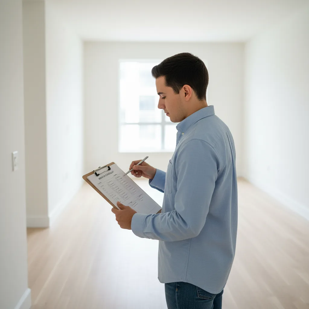 دليلك الكامل لفحص واختيار المستأجر المثالي 3 شخص يقوم بجولة تفقدية في شقة فارغة ونظيفة مع قائمة مرجعية.