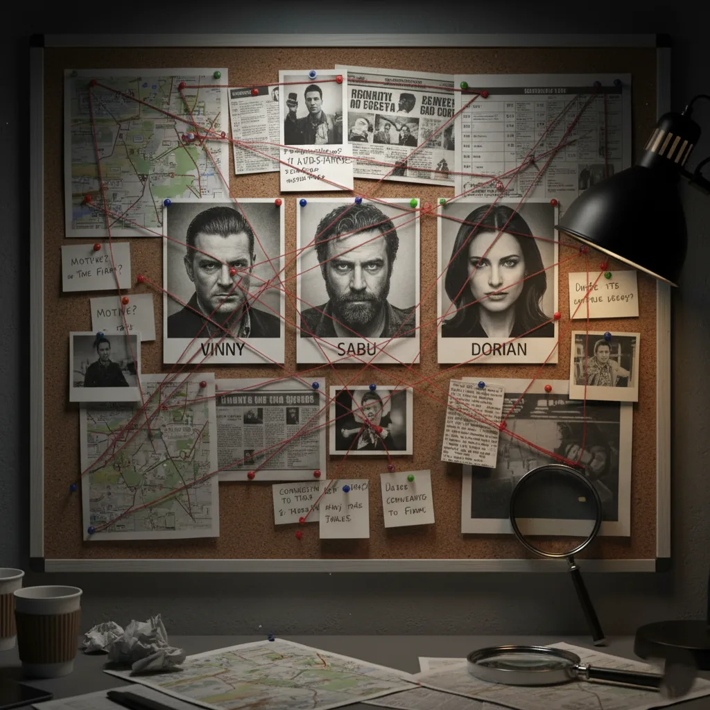 لوحة أدلة بأسلوب المباحث تحتوي على صور للمرشحين الرئيسيين (فيني، سابو، دوريان) متصلة بخيوط، تمثل التحقيق.
