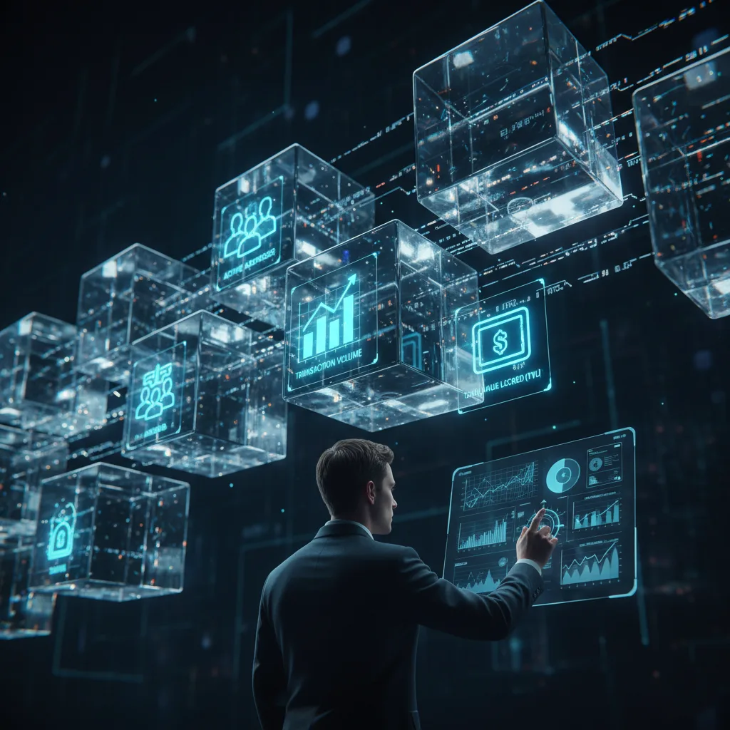 التحليل الأساسي للعملات الرقمية: 5 خطوات لتقييم أي مشروع 5 تصوير فني لسلسلة بلوك تشين زجاجية وشفافة، حيث يمكن رؤية البيانات تتدفق من خلالها. تظهر أيقونات متوهجة تمثل “العناوين النشطة”، “حجم المعاملات”، و”إجمالي القيمة المقفلة” (TVL) وهي تتحرك داخل السلسلة. يقف محلل بيانات ويستخدم واجهة افتراضية لتحليل هذه التدفقات. النمط: سيبراني، عالي التقنية، مع تركيز على الشفافية والبيانات الحية.