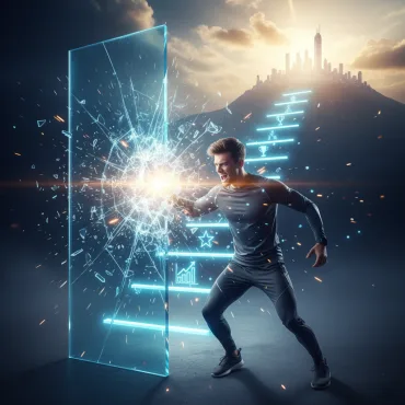 شخص يكسر حاجزًا أو يتسلق سلمًا، تمثل الخروج من منطقة الراحة وتحقيق الأهداف.