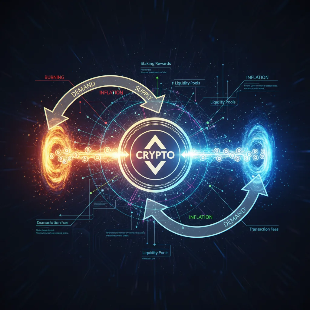 التحليل الأساسي للعملات الرقمية: 5 خطوات لتقييم أي مشروع 4 رسم بياني ثلاثي الأبعاد يصور عملة رقمية في المركز، مع تدفقات طاقة توضح العرض (Supply) والطلب (Demand). يوضح الرسم البياني آليات مثل “الحرق” (Burning) كدوامة نارية تسحب الرموز، و”التضخم” (Inflation) كتدفق مستمر للرموز الجديدة. النمط: ديناميكي، بصري، غني بالبيانات، مع تأثيرات ضوئية لتوضيح المفاهيم الاقتصادية.