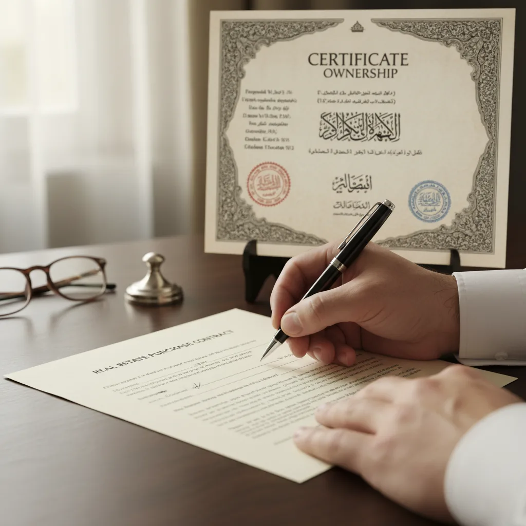 شخص يوقع على عقد شراء عقار مع وجود صك ملكية في الخلفية.