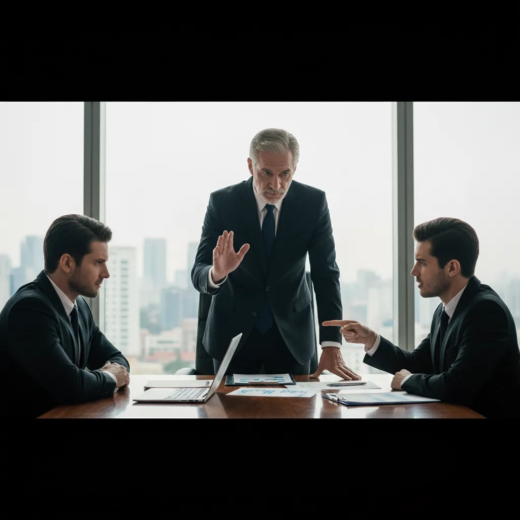 شخصان يجلسان على طاولة تفاوض، وشخص ثالث (المدير) يتدخل لحل النزاع بجدية وثقة.