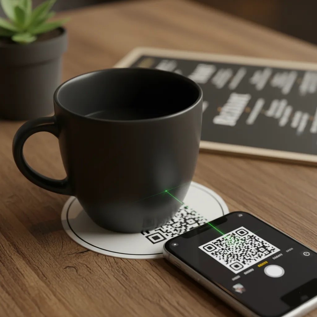 هاتف ذكي يقوم بمسح رمز QR على منتج مادي مثل كوب قهوة أو قائمة طعام في مطعم.