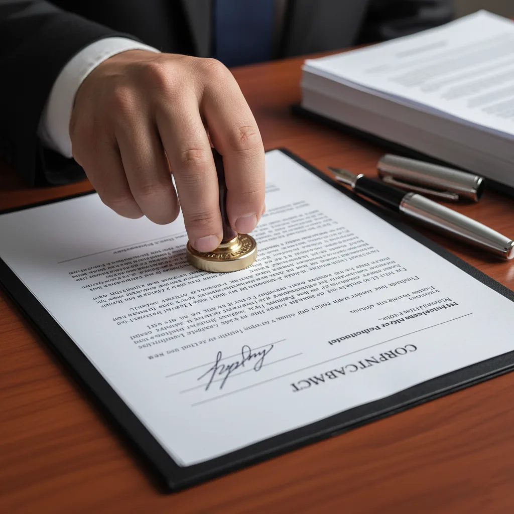 كيف تعد دراسة جدوى اقتصادية لمشروعك العقاري الأول؟ 4 عقد قانوني يوضع عليه ختم أو توقيع، مع قلم، يرمز إلى التدقيق القانوني والامتثال.