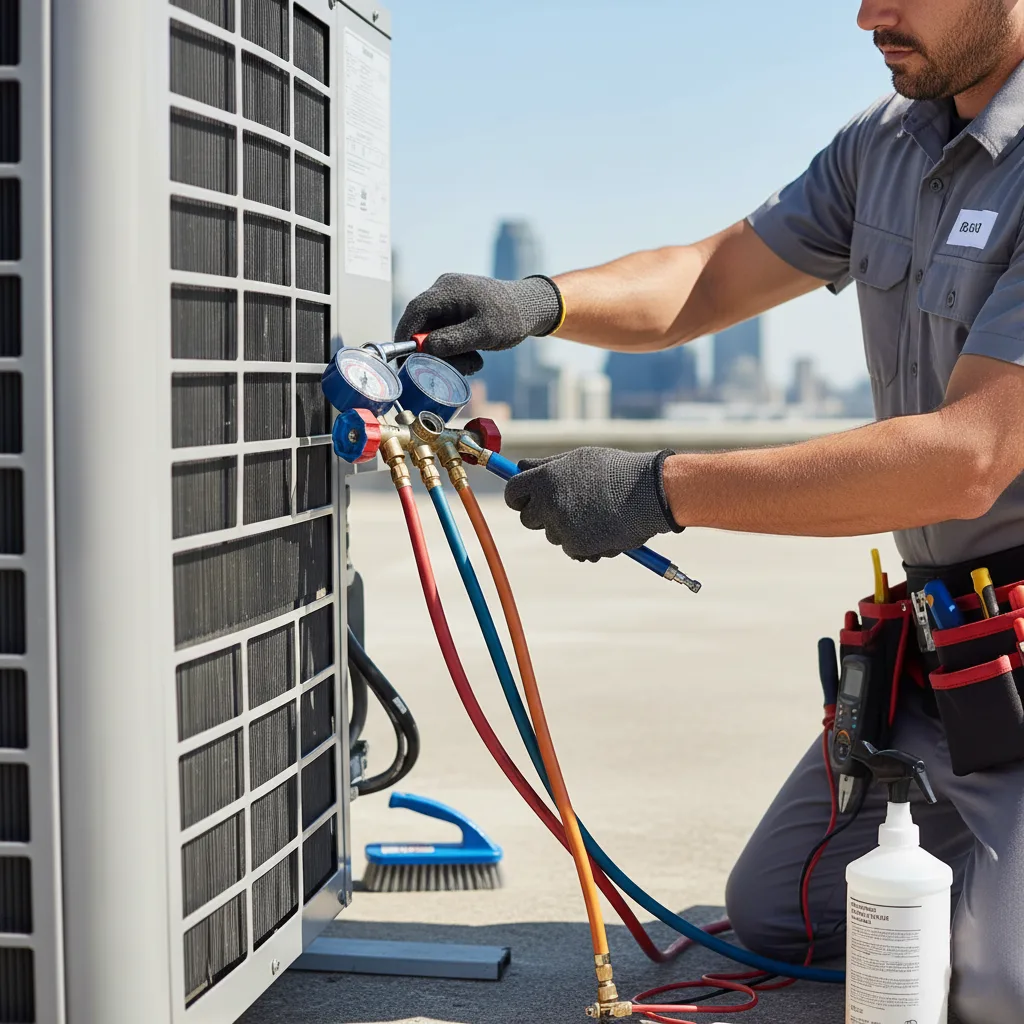 فني يقوم بصيانة وحدة تكييف خارجية، مع التركيز على الأدوات والاحترافية.
