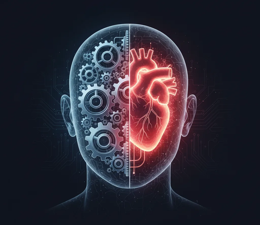 صورة الرمزية لرأس إنسان تظهر داخله نصف ترس (يرمز للمنطق) والنصف الآخر قلب متوهج (يرمز للعاطفة)
