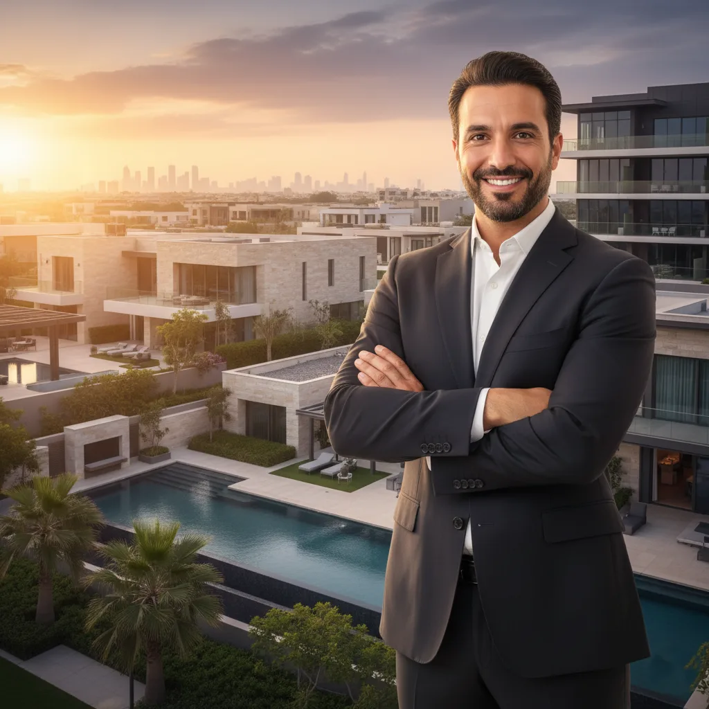 رجل أعمال واثق يقف أمام خلفية من العقارات الفاخرة.