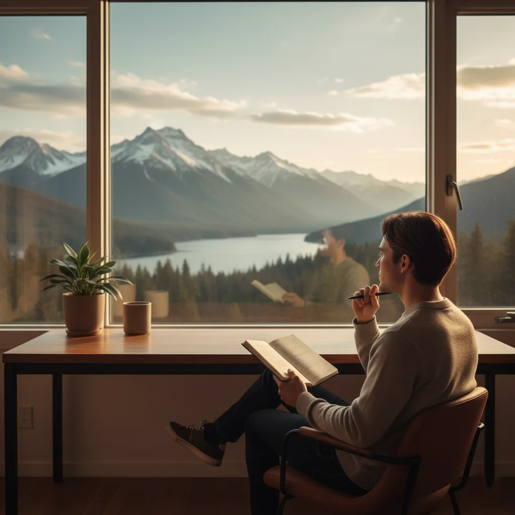 شخص يجلس بهدوء مع دفتر ملاحظات وقلم ينظر من نافذة كبيرة نحو منظر طبيعي ملهم.