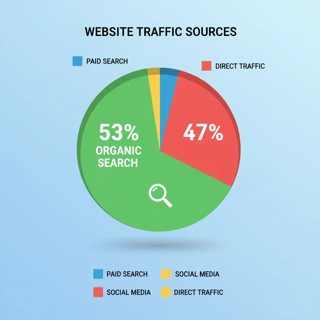 ما هو تحسين محركات البحث (SEO) ولماذا هو حيوي لعملك؟ 2 رسم بياني دائري يوضح أن 53% من زيارات المواقع تأتي من البحث العضوي، مقارنة بالقنوات الأخرى (المدفوعة، الاجتماعية، المباشرة).